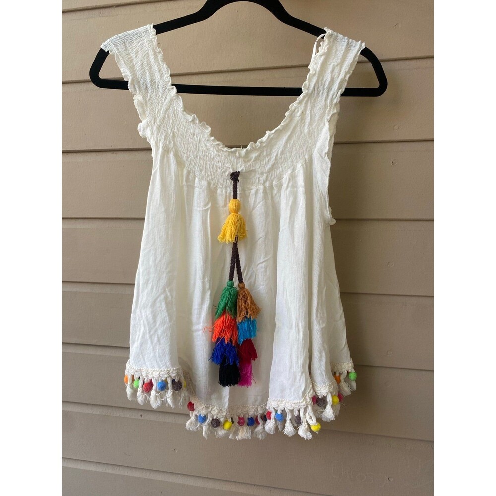 Love J boho white top with colorful tassel details